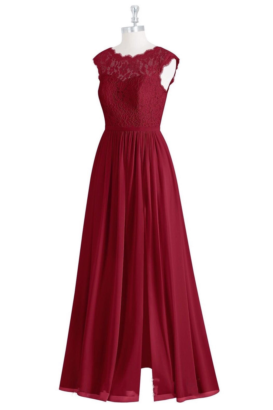 Wine Red Crew Neck Cap Sleeve Long Bridesmaid Dress with Slit