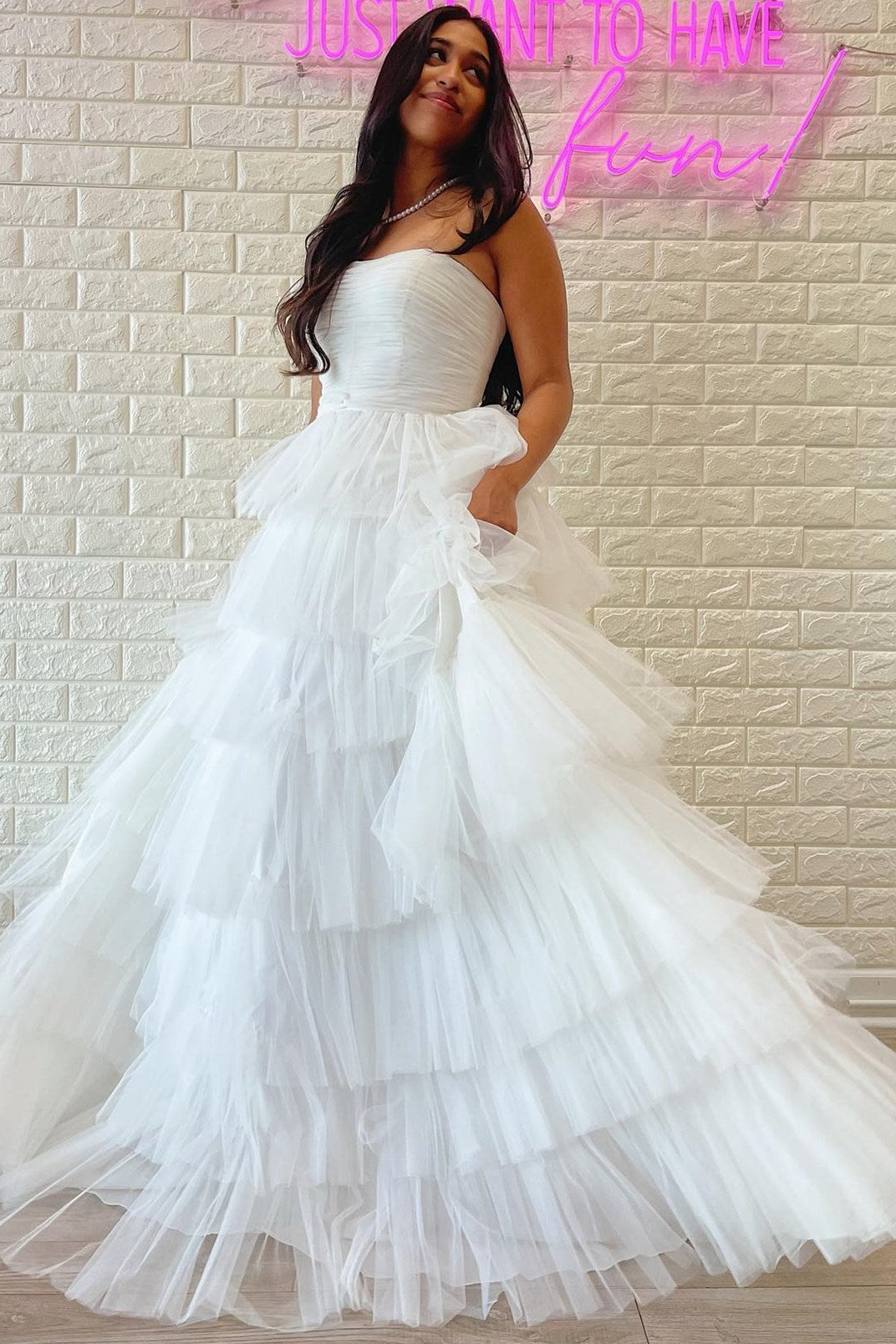 White Strapless Tiered A-Line Long Prom Dress with Ruffles