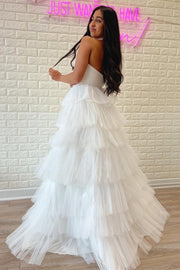White Strapless Tiered A-Line Long Prom Dress with Ruffles