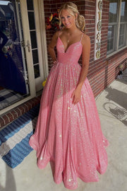 Pink Sequin Empire Long Prom Dress