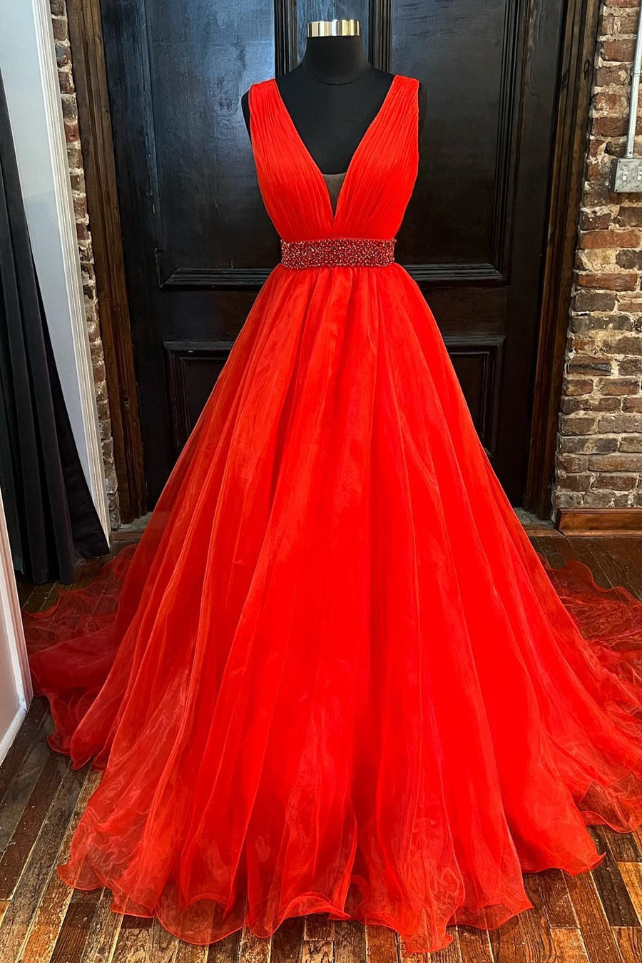 Red Organza Plunge V A-Line Long Formal Dress with Beaded Sash