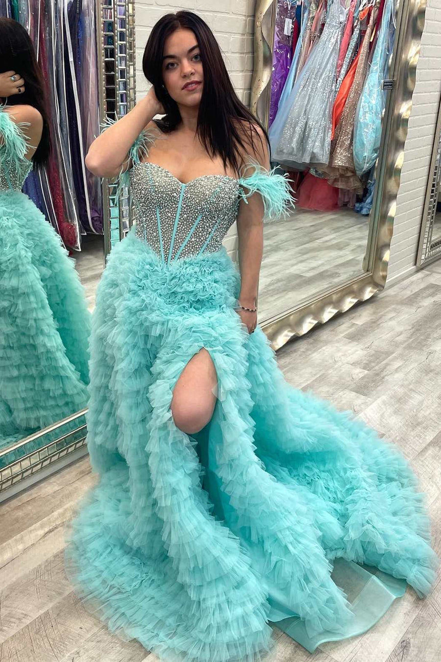 Hot Pink Beaded Feather Off-the-Shoulder Tiered Long Prom Dress with R Modsele Hot Pink Beaded Feather Off-the-Shoulder Tiered Long Prom Dress with R Modsele