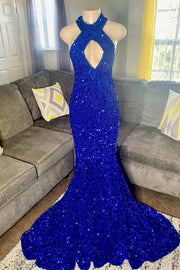 Royal Blue Sequin Cross-Front Mermaid Long Prom Dress