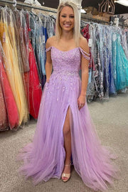 Lilac Tulle Off-the-Shoulder Appliqués Long Prom Dress