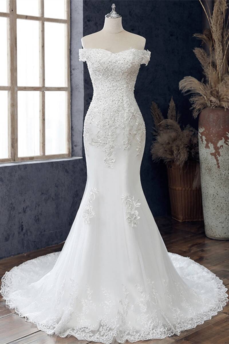 White Beaded Embroidered Off-the-Shoulder Wedding Dress