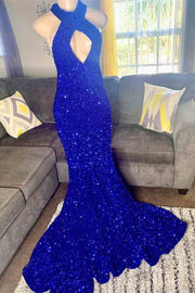 Royal Blue Sequin Cross-Front Mermaid Long Prom Dress