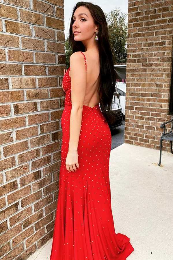 Red Bead Straps Backless Mermaid Long Formal Dress
