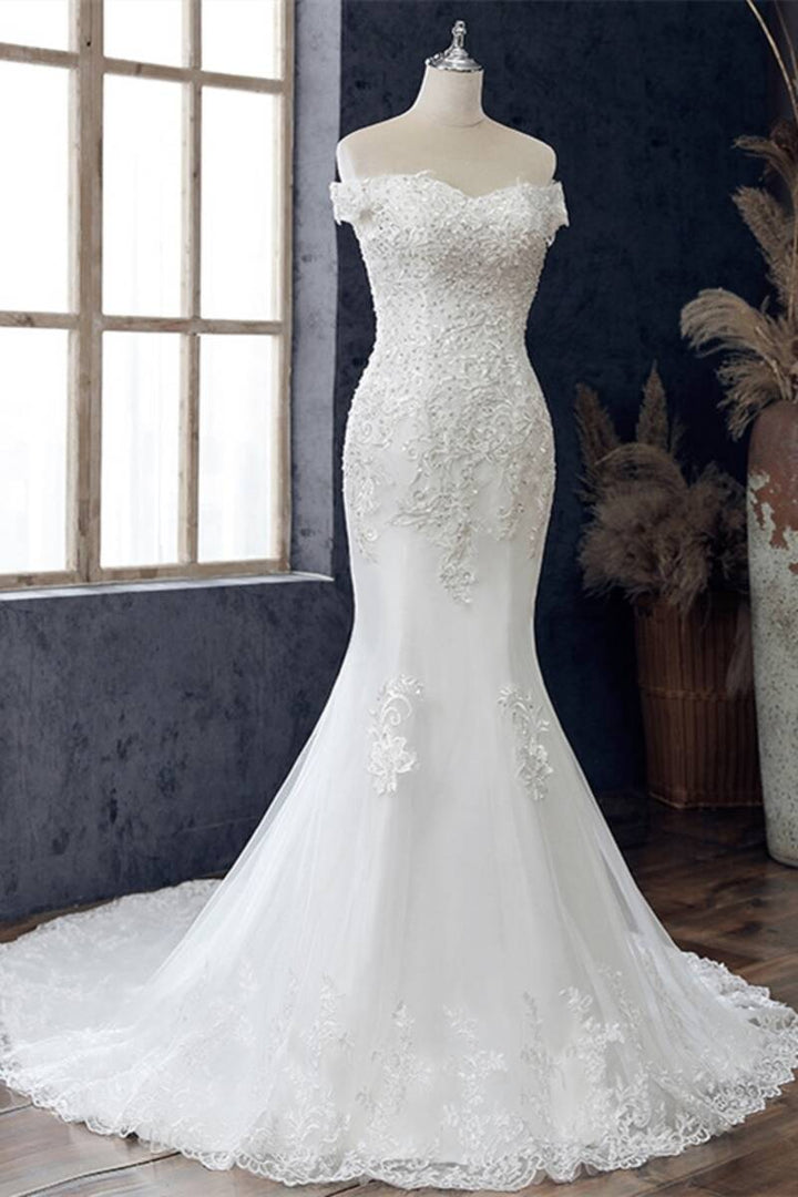 White Beaded Embroidered Off-the-Shoulder Wedding Dress