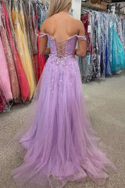 Lilac Tulle Off-the-Shoulder Appliqués Long Prom Dress