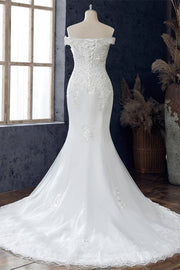 White Beaded Embroidered Off-the-Shoulder Wedding Dress
