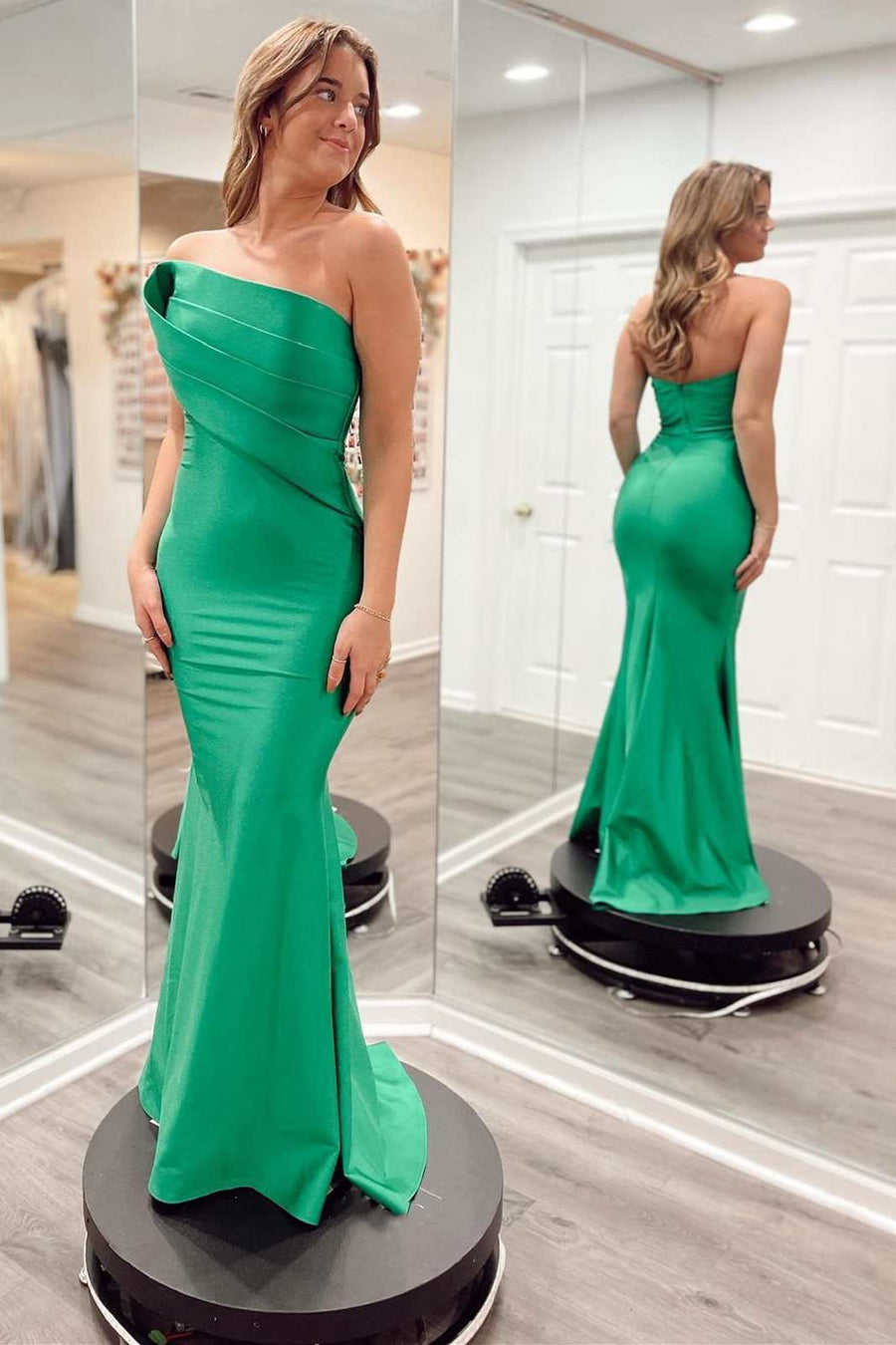 Asymmetrical Green Strapless Ruched Mermaid Long Formal Dress