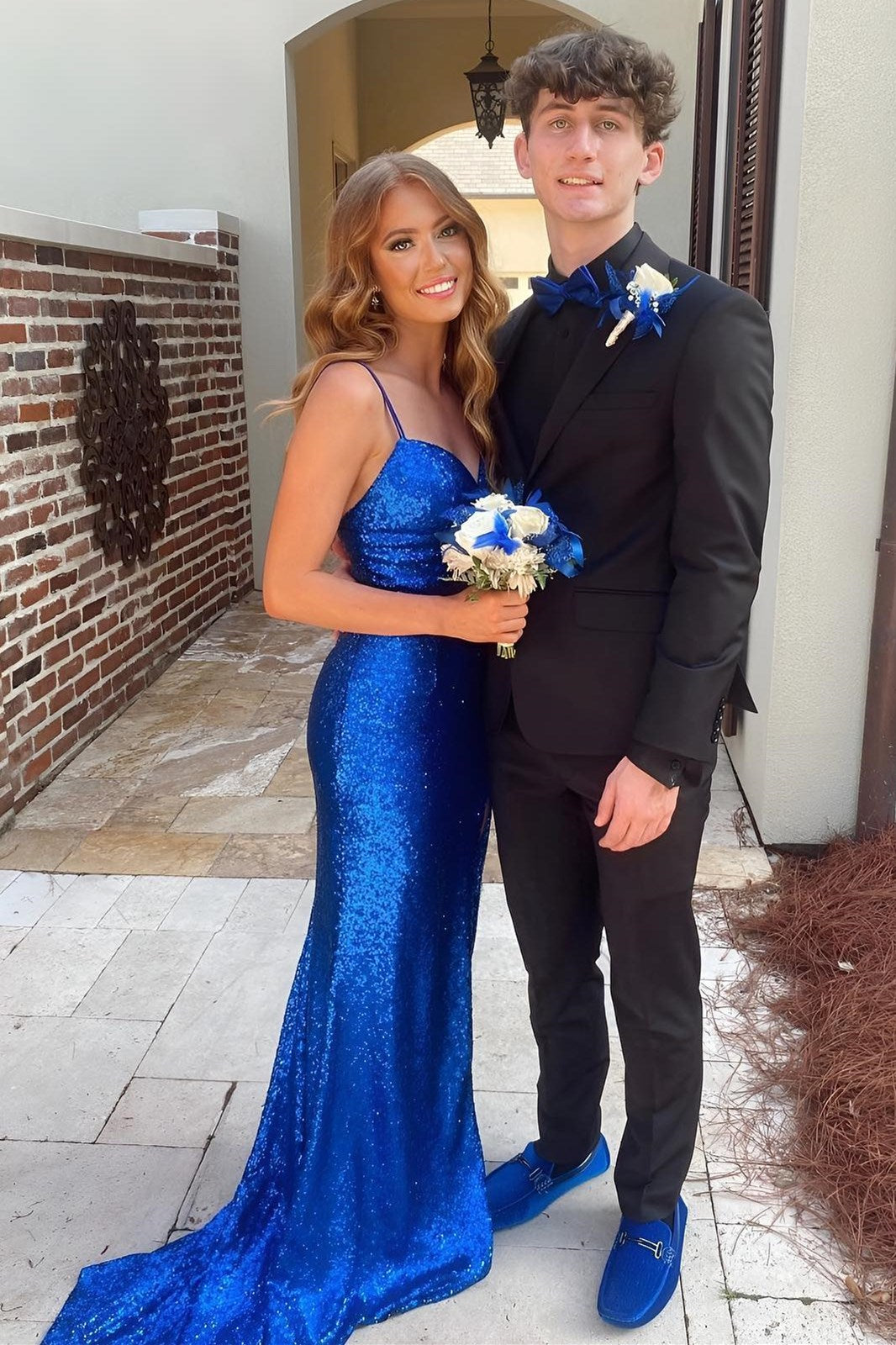 Royal Blue Sequin Keyhole Straps Mermaid Long Prom Dress with Slit
