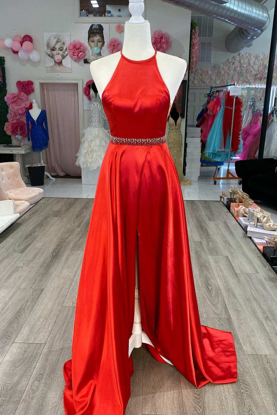 Red Halter Belted A-Line Long Prom Dress with Slit