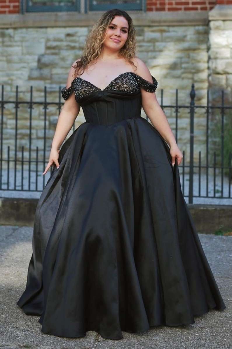 Princess Black Satin Off-the-Shoulder Ball Gown