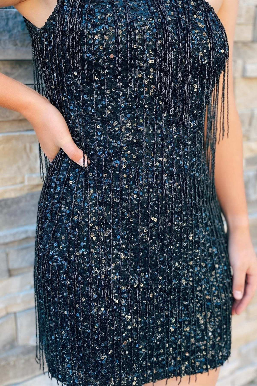 Black Sequin Fringe One-Shoulder Short Homecoming Dress Modsele Black Sequin Fringe One-Shoulder Short Homecoming Dress Modsele