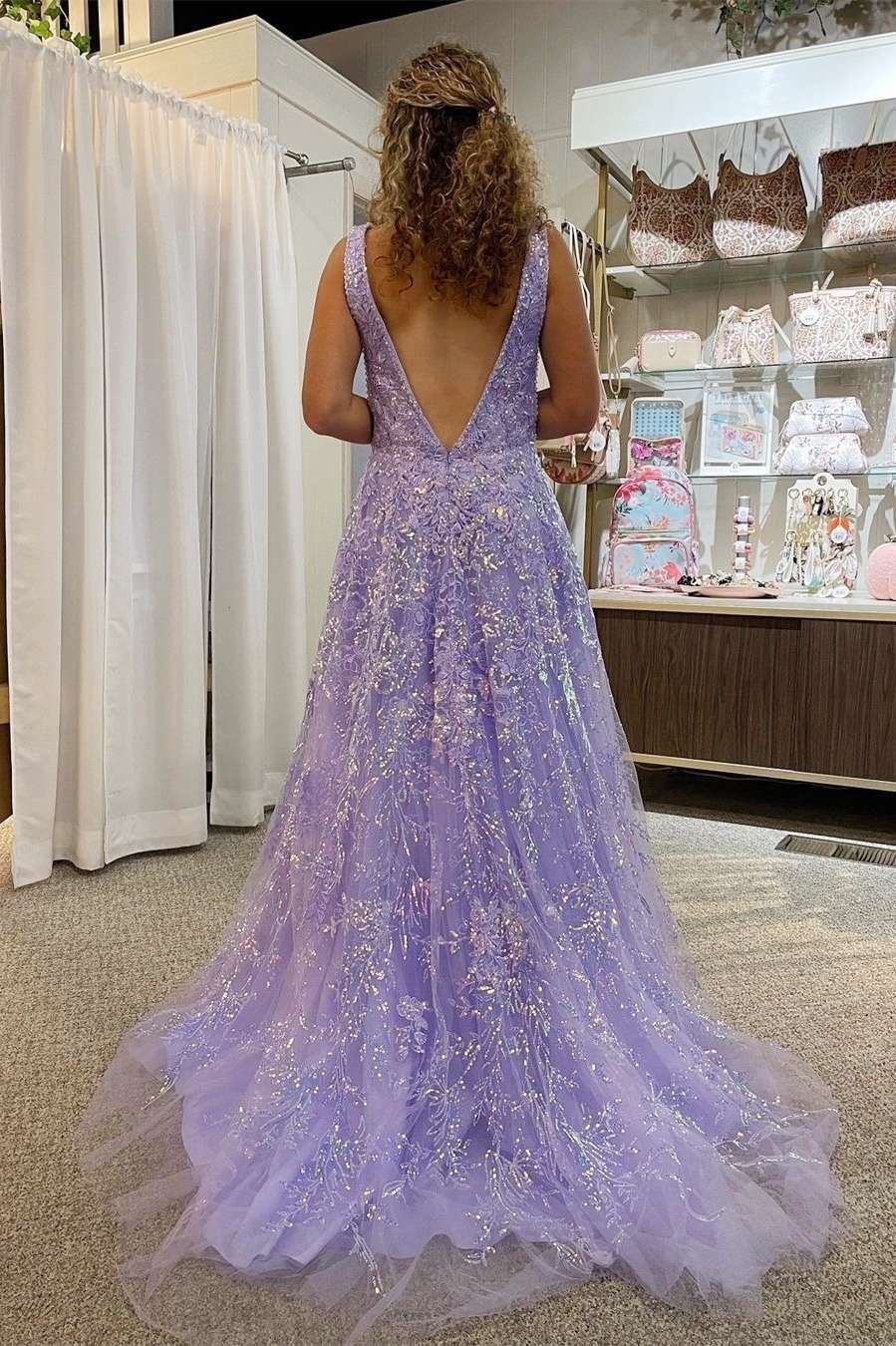 Lavender Floral Lace Plunge Neck A-Line Prom Dress