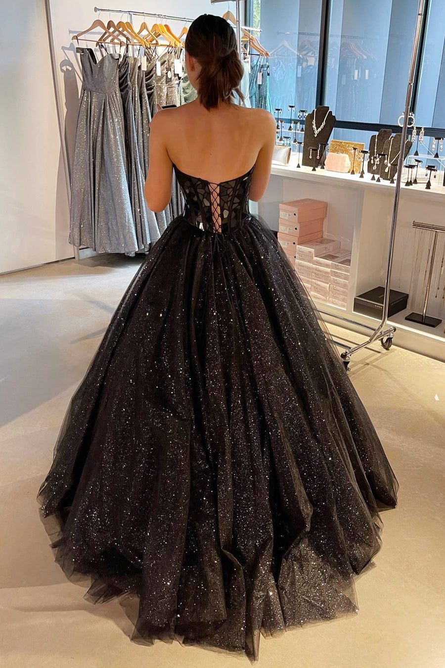 Princess Black Cut Glass Mirror Sweetheart A-Line Long Prom Gown Modsele Princess Black Cut Glass Mirror Sweetheart A-Line Long Prom Gown Modsele