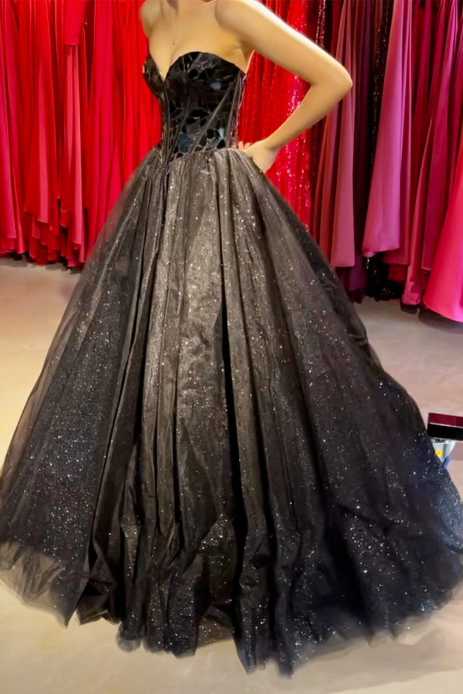 Princess Black Cut Glass Mirror Sweetheart A-Line Long Prom Gown Modsele Princess Black Cut Glass Mirror Sweetheart A-Line Long Prom Gown Modsele