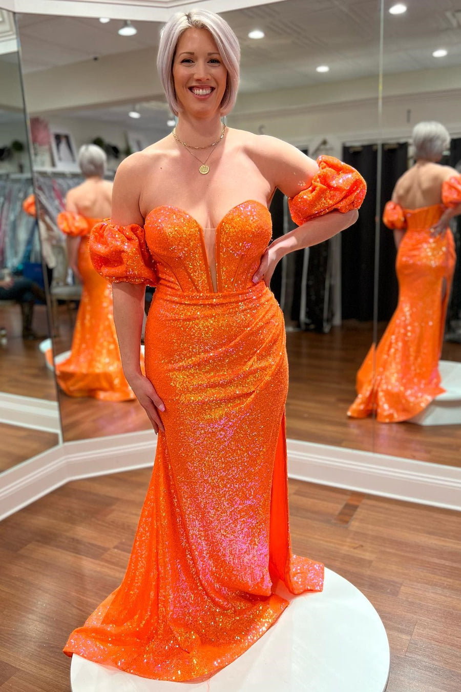 Orange Sequin Corset Top Mermaid Long Prom Dress with Slit – Modsele