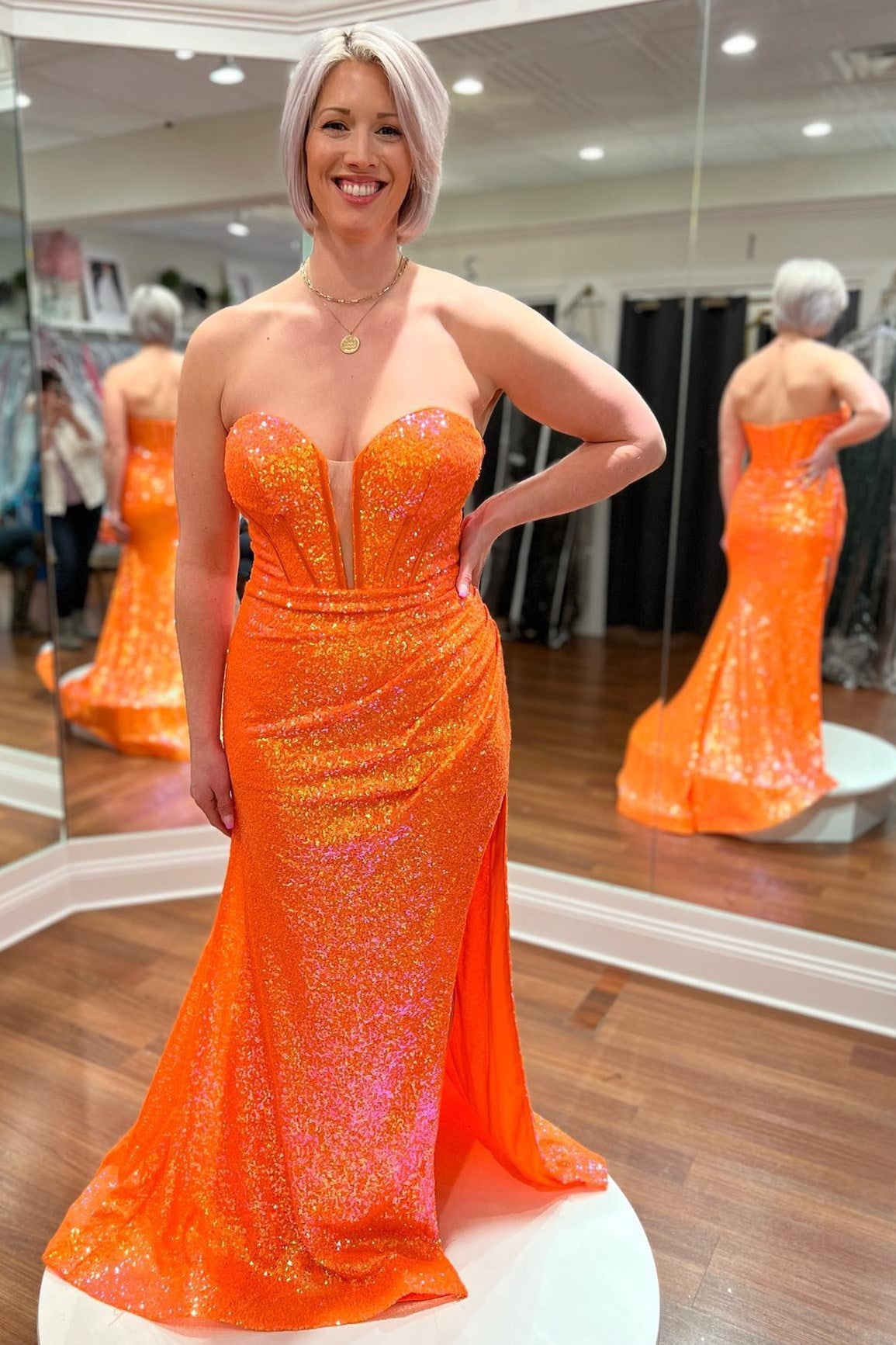 Orange Sequin Strapless Mermaid Long Prom Dress with Balloon Sleeves