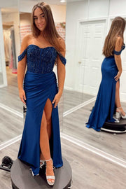 Navy Blue Beaded Satin Off-the-Shoulder Long Prom Dress with Slit