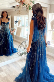 Navy Blue Beaded Sweetheart Tie-Strap A-Line Prom Dress