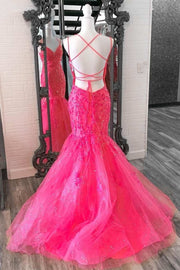 Hot Pink Tulle Lace V-Neck Trumpet Long Prom Dress