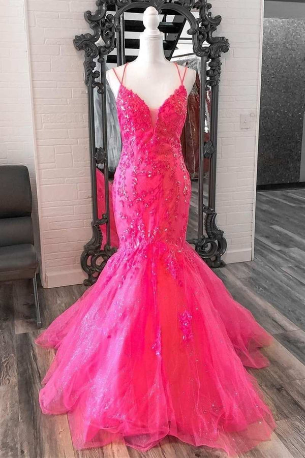 Pink Floral Lace V-Neck Trumpet Long Prom Dress – Dreamdressy