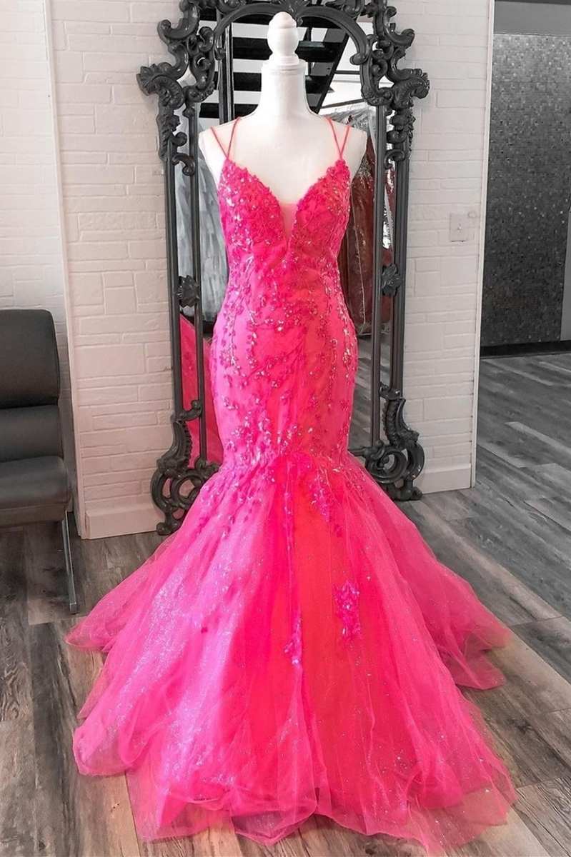 Hot Pink Tulle Lace V-Neck Trumpet Long Prom Dress