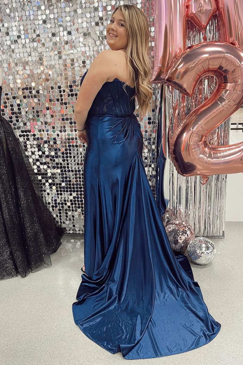 Mermaid Lace Satin Strapless Ruching Long Prom Dress with Slit