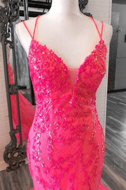 Hot Pink Tulle Lace V-Neck Trumpet Long Prom Dress