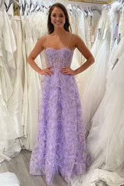 Lavender Lace Feather Straps A-Line Prom Dress