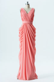 Coral Pink Wrap Banded Waist Bridesmaid Dress