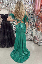 Green Sequin Feather Cold-Shoulder Mermaid Long Formal Dress with Slit