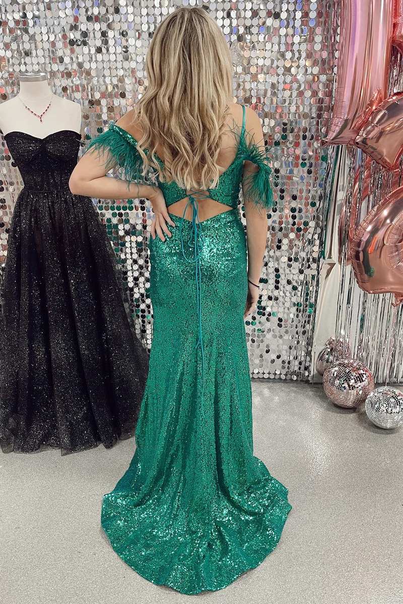 Green Sequin Feather Cold-Shoulder Mermaid Long Formal Dress with Slit