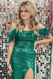 Green Sequin Feather Cold-Shoulder Mermaid Long Formal Dress with Slit