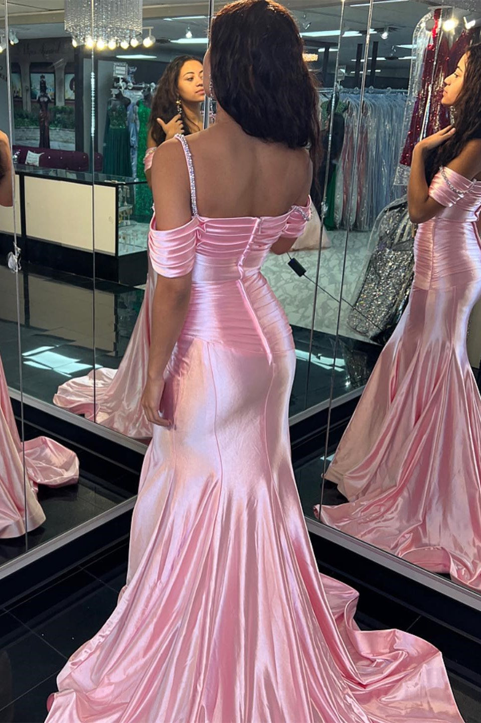 Pink Cold-Shoulder Ruching Mermaid Long Formal Dress with Rhinestones