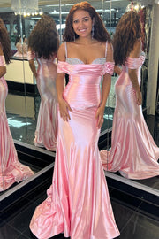 Pink Cold-Shoulder Ruching Mermaid Long Formal Dress with Rhinestones