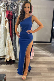 Blue Beaded One-Shoulder Cutout Long Prom Dress with Slit