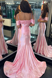 Pink Cold-Shoulder Ruching Mermaid Long Formal Dress with Rhinestones