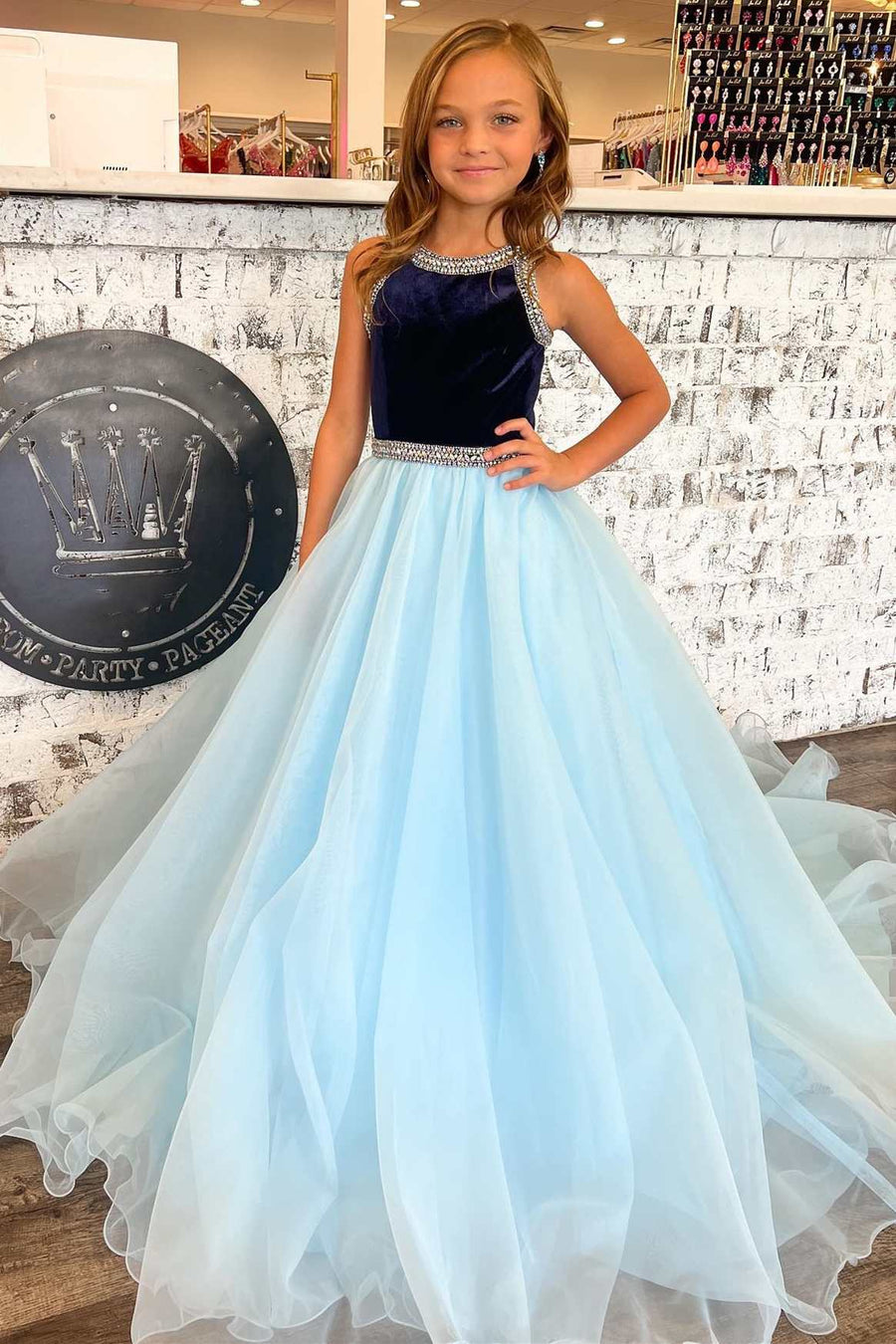Black and Blue Beaded Round Neck A-Line Girl Pageant Dress