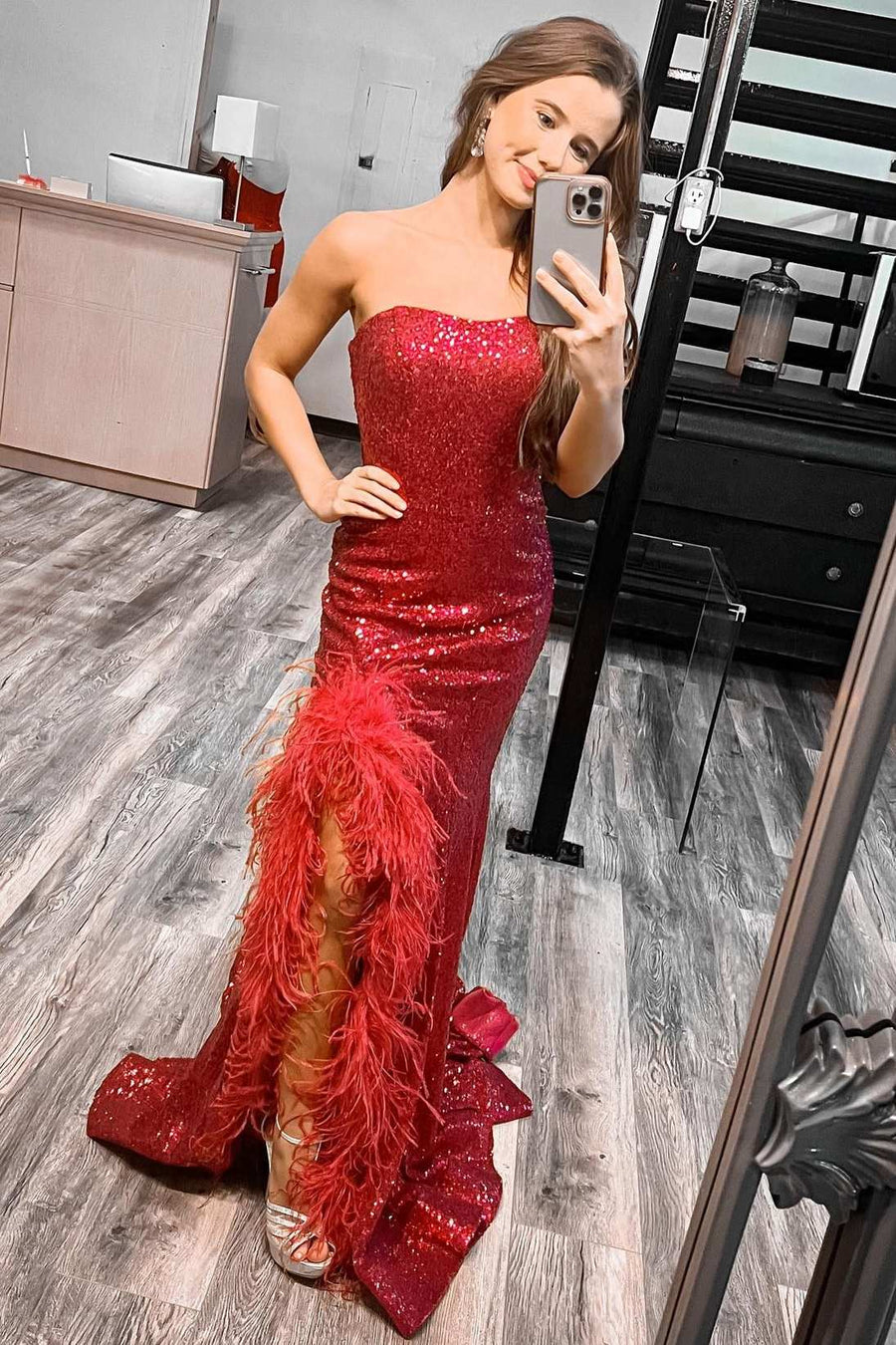 Red Sequin Feather Strapless Mermaid Long Prom Dress with Slit