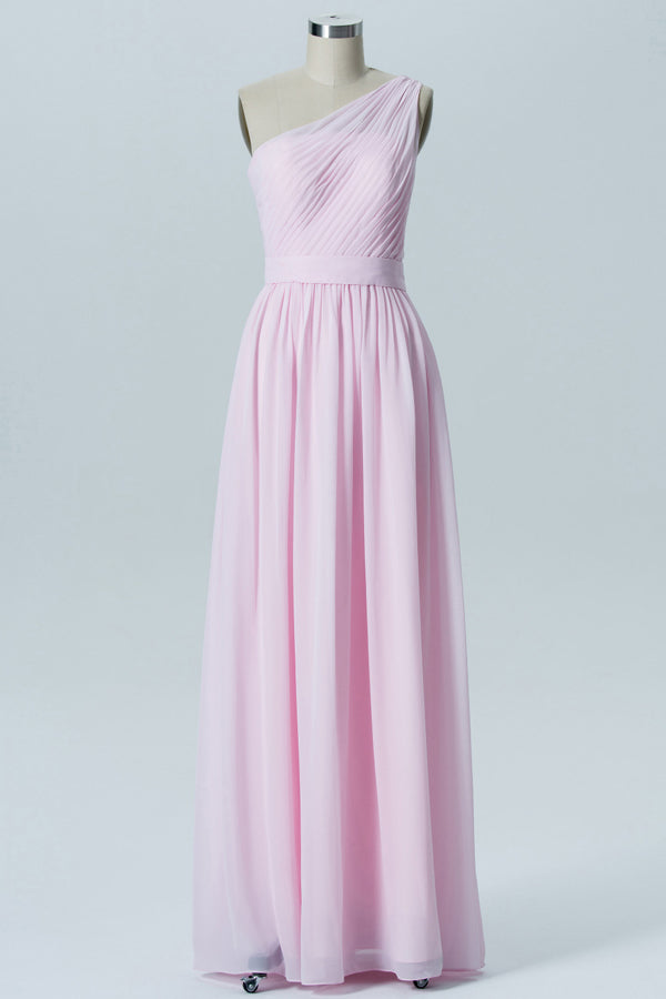 Pink Chiffon One-Shoulder Banded Waist Bridesmaid Dress