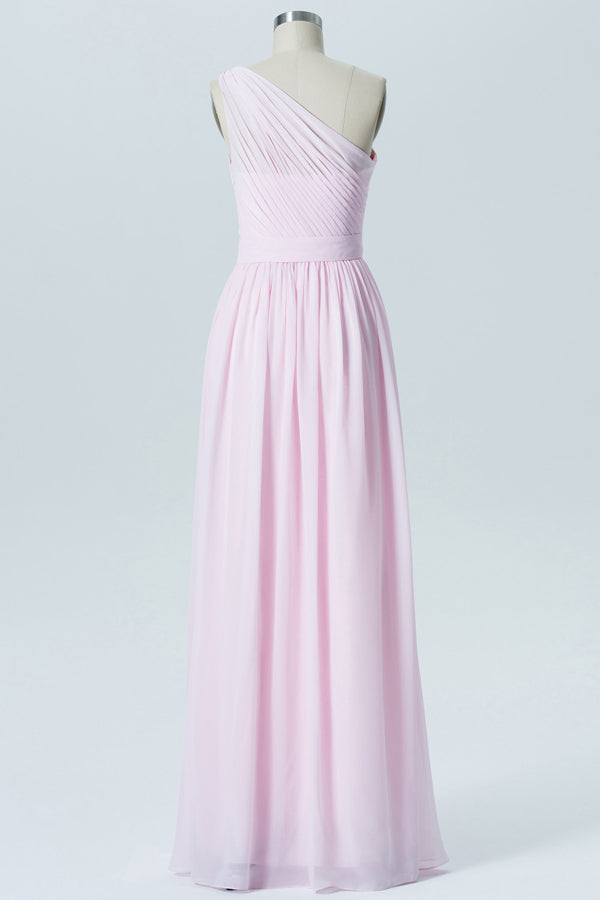Pink Chiffon One-Shoulder Banded Waist Bridesmaid Dress