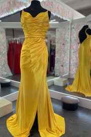 Yellow Cowl Neck Backless Mermaid Long Prom Dress