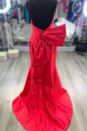 Red V-Neck Bow-Back Mermaid Long Prom Dress