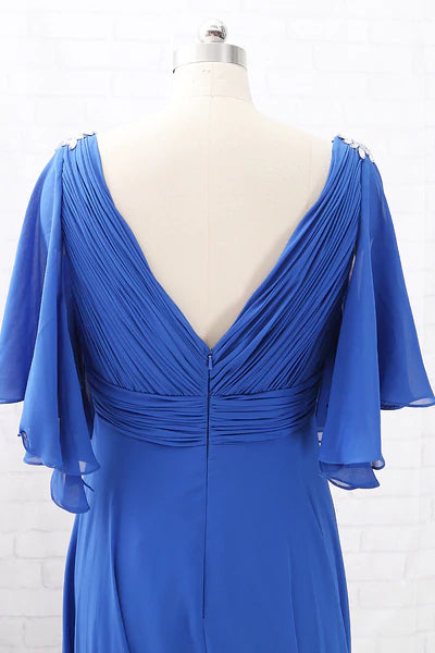 Royal Blue Chiffon V-Neck  Ruffled Long Mother of the Bride Dress