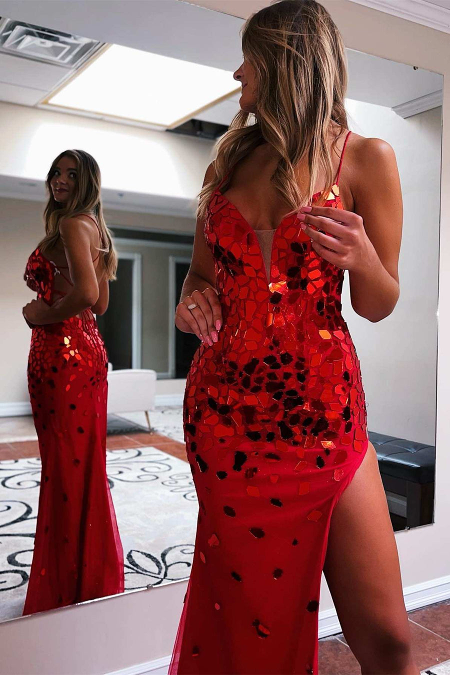 broken glass dress long Gorgeous Gold Cut Glass Mirror One-Shoulder Long Prom Dresses