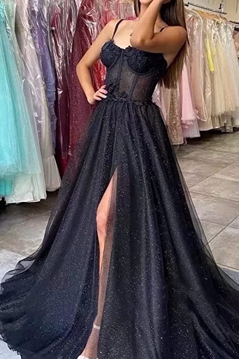 Black Floral Lace Straps A-Line Prom Dress with Slit