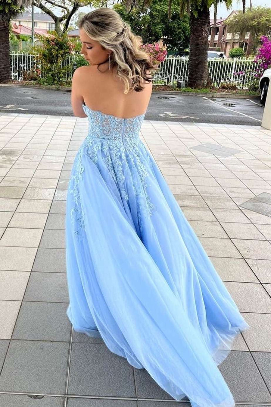 Light Blue Floral Lace Strapless A-Line Prom Dress